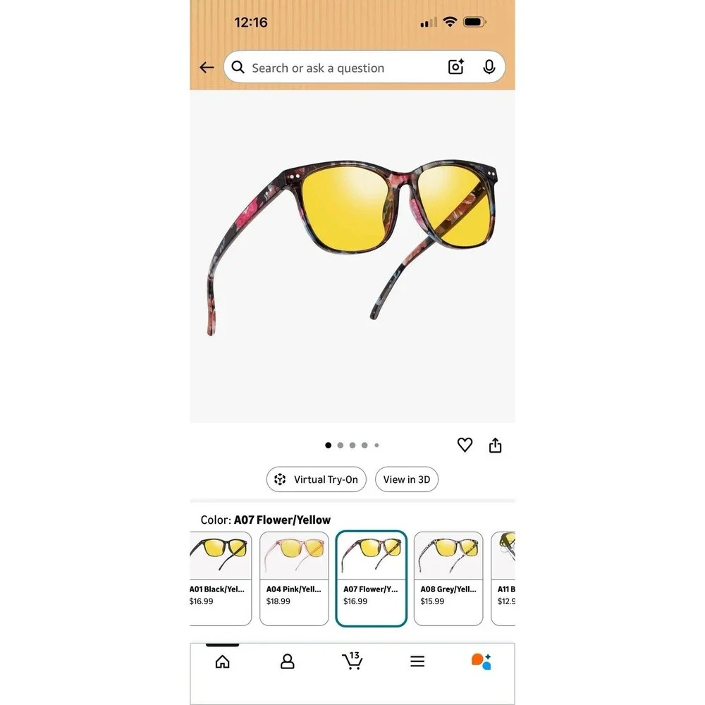 Night Vision Glasses Anti-Glare, Polarized, Unisex, Yellow Tinted Black/Flower